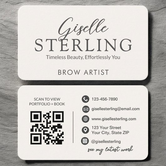 Minimalist White Script Eyebrow Artist QR Code Visitekaartje