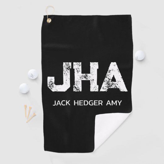MINIMALIST WHITE THREE LETTER MONOGRAM NAME BLACK GOLFHANDDOEK (Insitu)