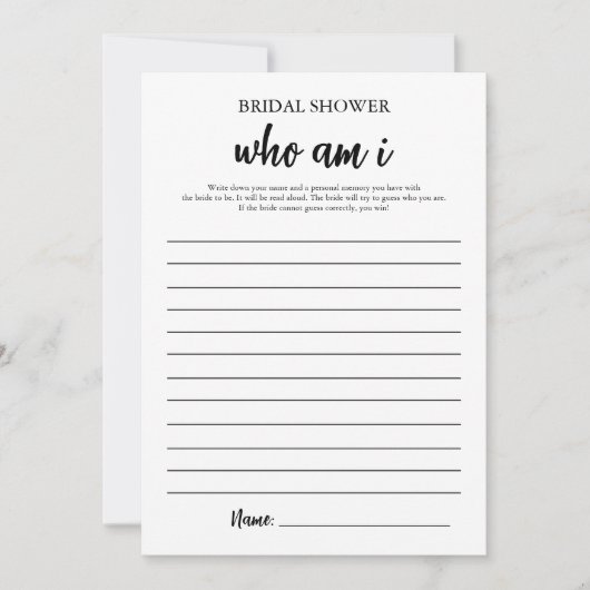 Minimalist Wie Ben Ik Vrijgezellenfeest Game Kaart (Voorkant)