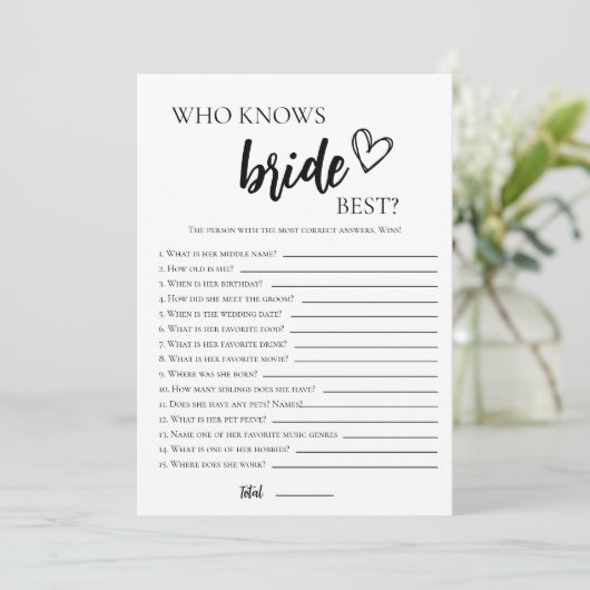 Minimalist Wie kent de bruid de meest spel Kaart (Staand voorkant)