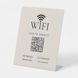 Minimalist WiFi Password Desk Sign QR Code Beige Reclamebord Met Voetstuk