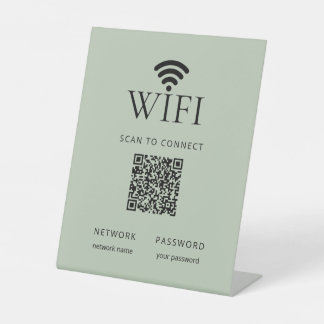 Minimalist WiFi Password Sign QR Code Sage Green Reclamebord Met Voetstuk