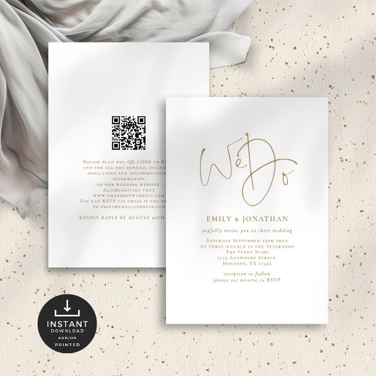 Minimalist Wij Doen Gouden Script QR Code Bruiloft Kaart