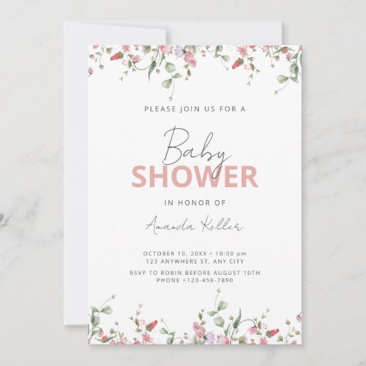 Minimalist Wildflower Baby shower Uitnodiging (Voorkant)