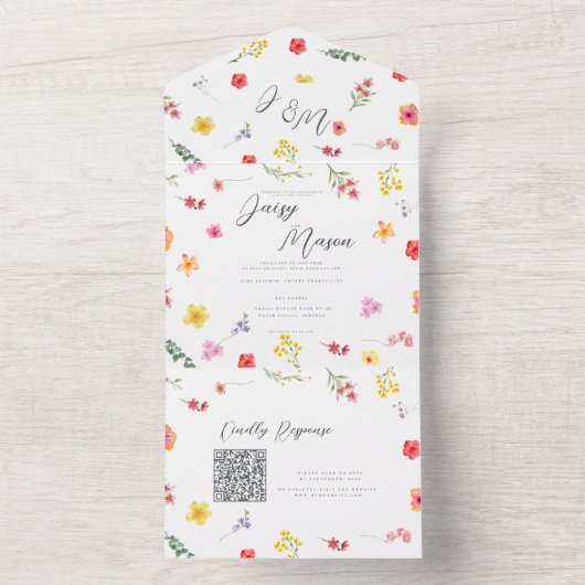 Minimalist Wildflower Botanical wedding QR All In One Uitnodiging (Binnen)