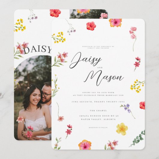 Minimalist Wildflower Botanical Wedding with photo Kaart (Voorkant / Achterkant)