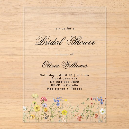 Minimalist Wildflower Bridal Shower Acryl Uitnodigingen (Voorkant)