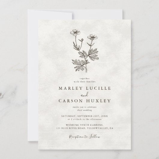 Minimalist Wildflower Ivory Texture Wedding Kaart (Voorkant)