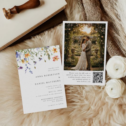 Minimalist Wildflower QR Code  Photo Wedding Invit Kaart
