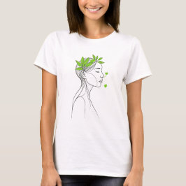 Minimalist Woman Line Art with Green Leaves T-shirt