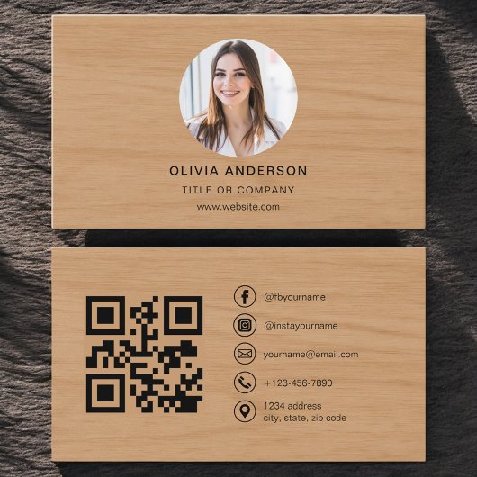Minimalist Wood Photo with QR Code Social Media Visitekaartje