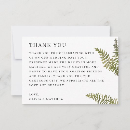 Minimalist Woodland Nature Wedding | Elegant Fern Bedankkaart (Voorkant)