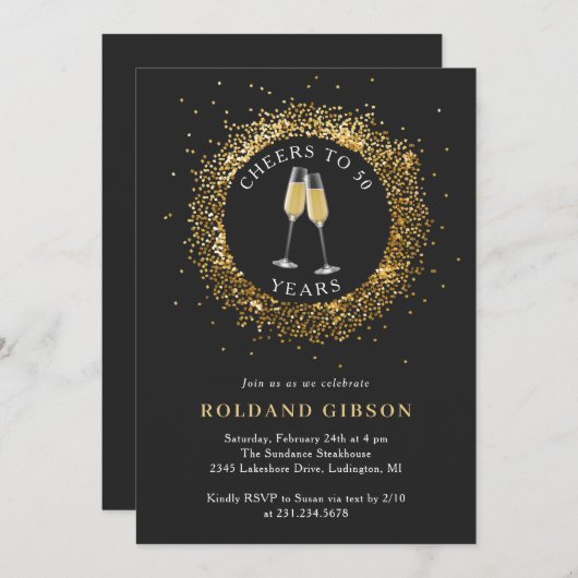 Minimalist Zwart en Goud 50e Verjaardag Uitnodigin Kaart (Voorkant / Achterkant)