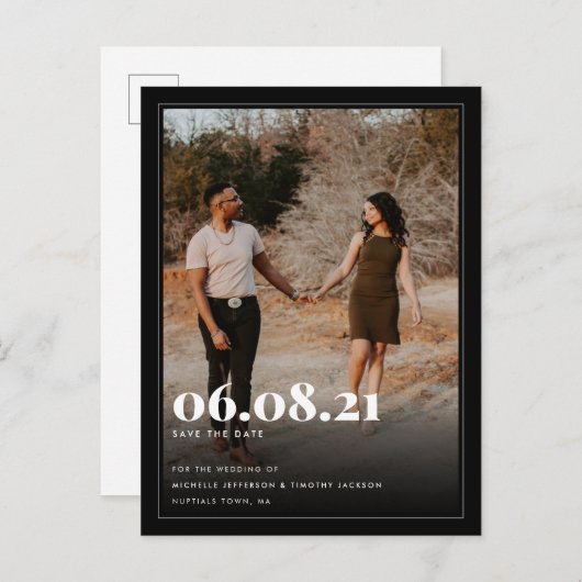 Minimalist Zwart Wit Aangepaste Foto De datum opsl Aankondigingskaart (Voorkant / Achterkant)