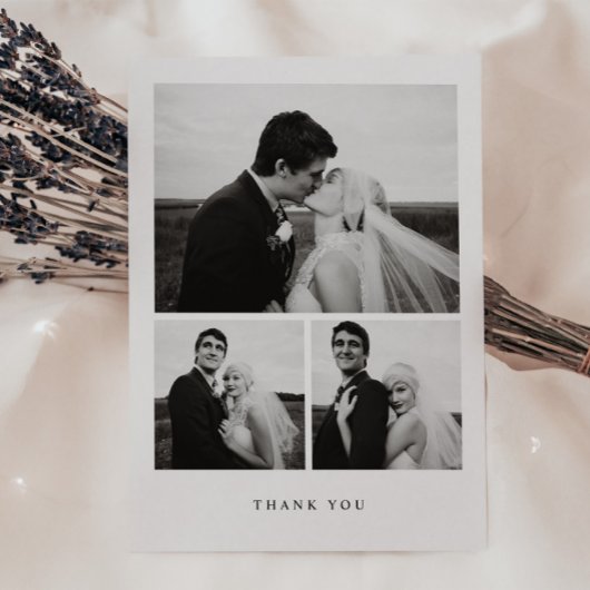 Minimalistic 3-Photo Wedding Black & White Bedankkaart