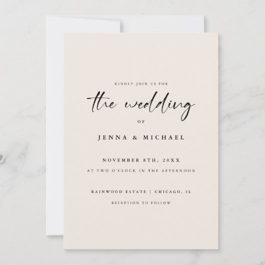 Minimalistic Beige Script Wedding Photo Kaart (Voorkant)