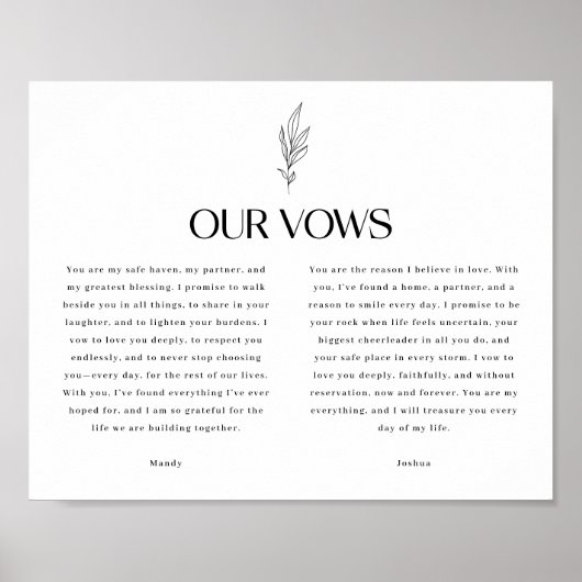 Minimalistic Black & White Leaf Wedding Vows Poster (Voorkant)