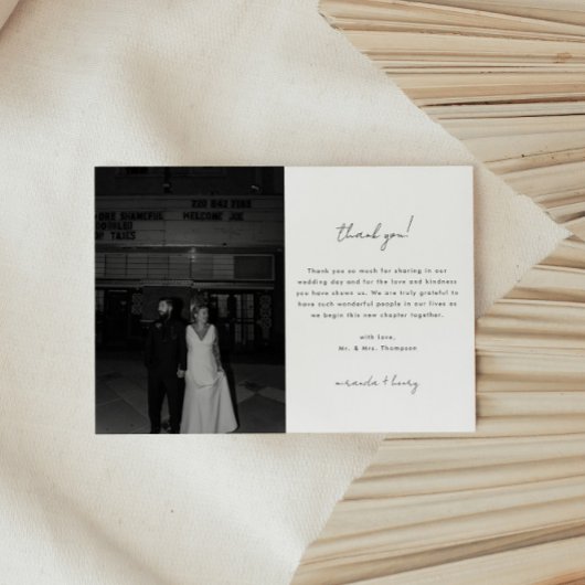 Minimalistic Black & White Script Wedding Photo Bedankkaart