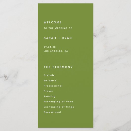 Minimalistic Dark Olive Green Wedding Ceremony Programmakaart (Voorkant)