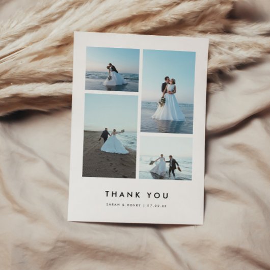 Minimalistic Modern 4-Photo Personalized Wedding Bedankkaart