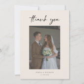 Minimalistic Modern Beige Script Wedding Photo Bedankkaart (Voorkant)