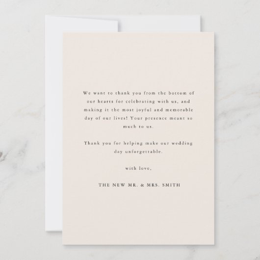 Minimalistic Modern Beige Script Wedding Photo Bedankkaart (Achterkant)