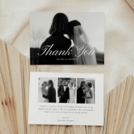 Minimalistic Script 3-Photo Black & White Wedding Bedankkaart