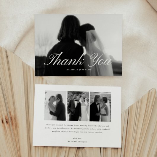 Minimalistic Script 4-Photo Black & White Wedding Bedankkaart