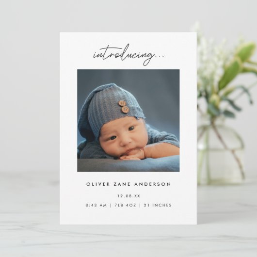 Minimalistic Script 5-Photo Collage Baby Birth Aankondiging (Staand voorkant)