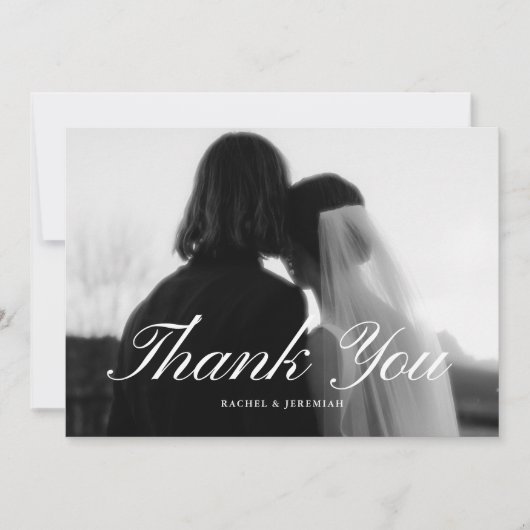 Minimalistic Script Black & White Wedding Photo Bedankkaart (Voorkant)