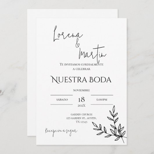 Minimalistic Wedding Invitation in Spanish Kaart (Voorkant / Achterkant)