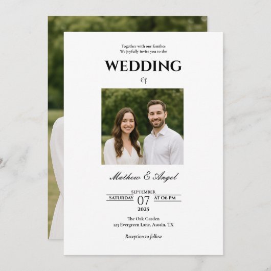 Minimalistic Wedding Invitation with Couple Photo  Kaart (Voorkant / Achterkant)