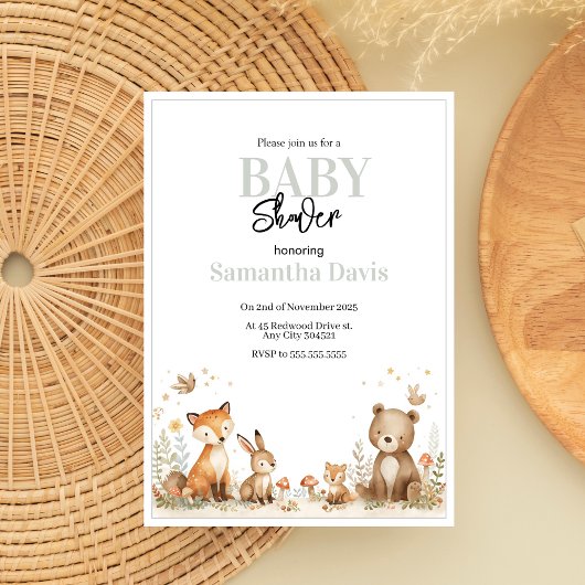 Minimalistic Woodland Animals Baby Shower Kaart