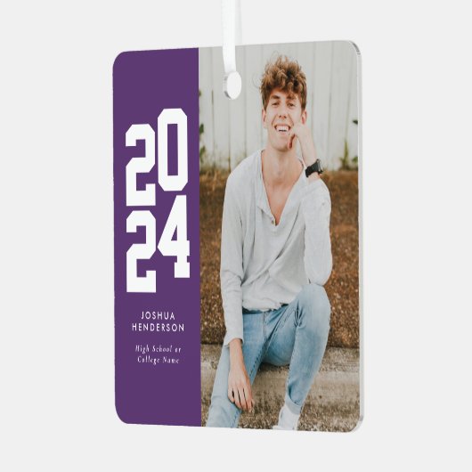 Minimalistisch 2024 Paarse wit foto Afstuderen Metalen Ornament (Voorkant links)