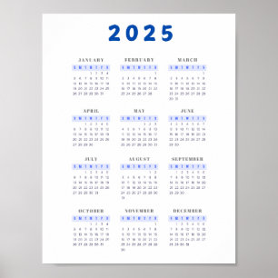 Minimalistisch 2025 Muurkalender Blauw Poster