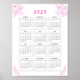 Minimalistisch 2025 Wandkalender Roze Bloemen Post Poster