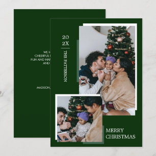 Minimalistisch 2 donkergroene fotokerstmis feestdagenkaart