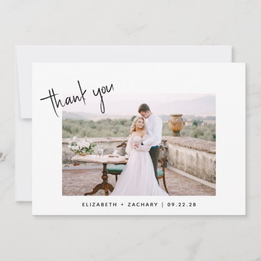 Minimalistisch 2-foto Modern Script Wedding Bedankkaart (Voorkant)