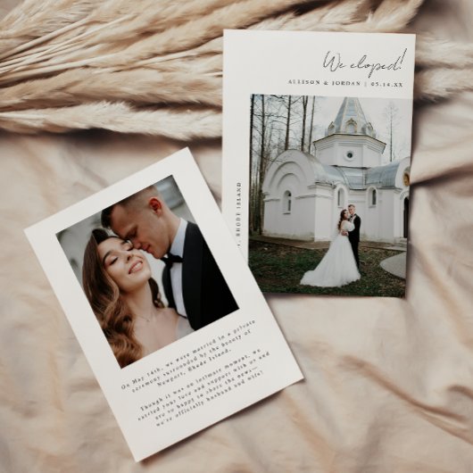 Minimalistisch 2-foto script bruiloft elopement aankondiging