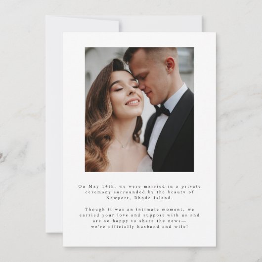 Minimalistisch 2-foto script bruiloft elopement aankondiging (Achterkant)