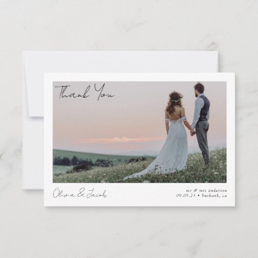 Minimalistisch 2 fotokalligrafie bruiloft bedankkaart (Voorkant)