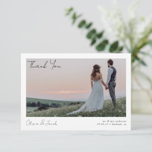 Minimalistisch 2 fotokalligrafie bruiloft bedankkaart (Staand voorkant)