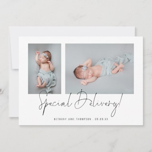 Minimalistisch 2 Foto's Special Delivery Script Bi Aankondiging (Voorkant)