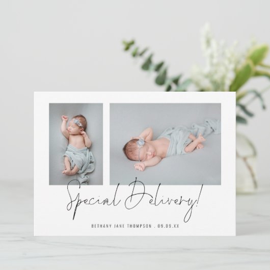 Minimalistisch 2 Foto's Special Delivery Script Bi Aankondiging (Staand voorkant)