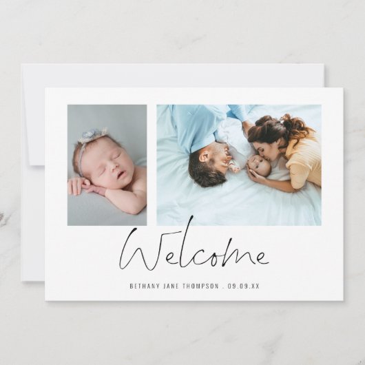 Minimalistisch 2 Foto's Welkome Manuscript Geboort Aankondiging (Voorkant)