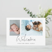 Minimalistisch 2 Foto's Welkome Manuscript Geboort Aankondiging (Staand voorkant)