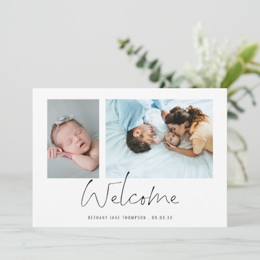 Minimalistisch 2 Foto's Welkome Manuscript Geboort Aankondiging (Staand voorkant)
