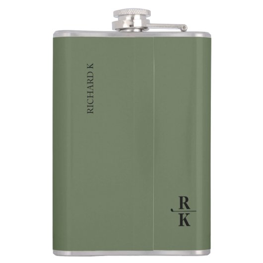 Minimalistisch 2-letters zwart monogram groen heupfles (Achterkant)