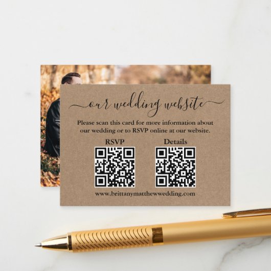 Minimalistisch 2 QR Photo Kraft Wedding RSVP - Geg Informatiekaartje (Voorkant / Achterkant in situ)