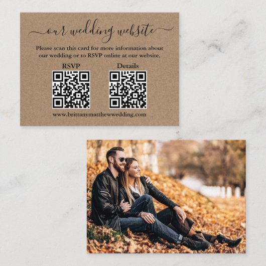 Minimalistisch 2 QR Photo Kraft Wedding RSVP - Geg Informatiekaartje (Voorkant / Achterkant)